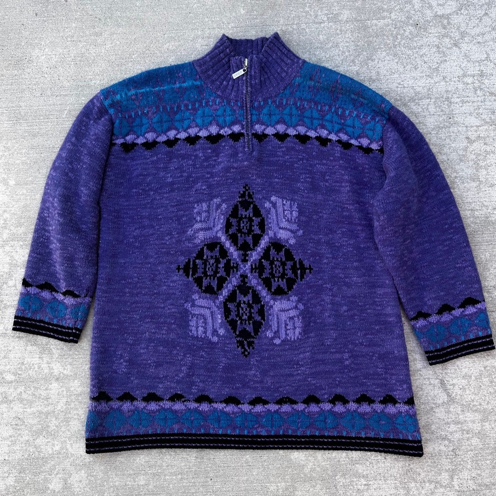 VTG Sigrid Olsen Sweater Small Petite Purple Wool Quarter Zip Fair Isle Cabin